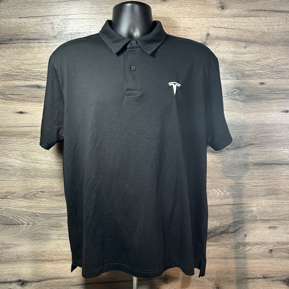 Tesla Motor Polo Shirt Men XL Black Embroidered Logo Short Sleeve